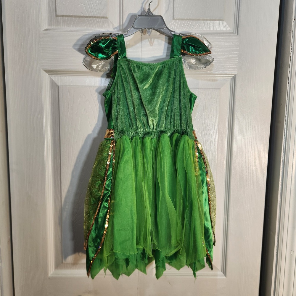 Green Fairy Princess Costume Dress Girls Size 5-6 Gold Sequin Tulle Halloween - Picture 4 of 7